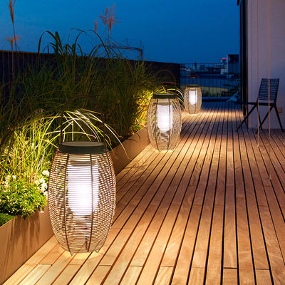 IP65 Lâmpadas Solares Tecidos de Rattan, 3500K Lanterna de Jardim de Rattan Alimentada com Energia Solar